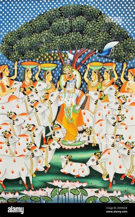 Lord Krishna with cows gopis Nathdwara pichwai artwork painting Stock ...