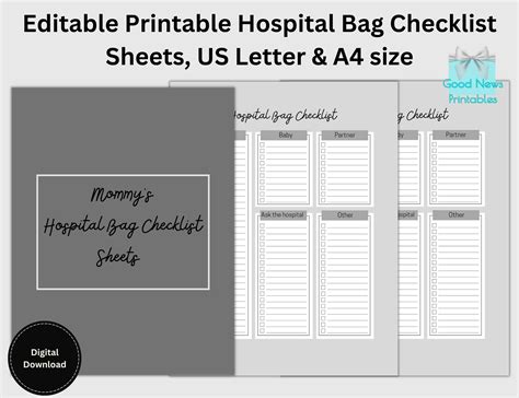 Editable Printable Hospital Bag Checklist Sheets Us Letter And A4 Size