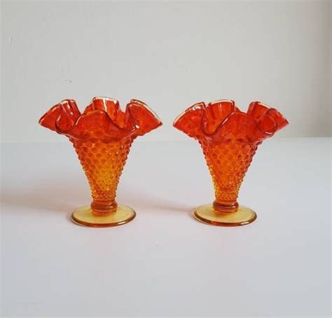 Fenton Amberina Vases Set Of 2 Red Yellow Orange Hobnail Vases Etsy