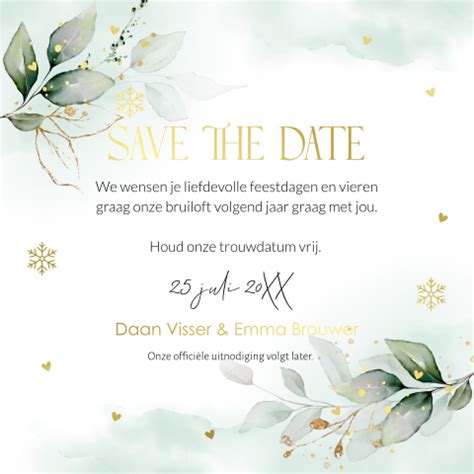 Save The Date Kerstkaart Waterverf Goudlook Confetti Kerst