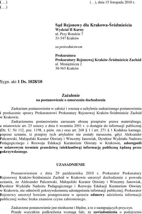 Zażalenie na postanowienie o umorzeniu dochodzenia PDF Free Download