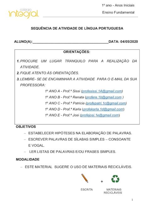 Pdf Sequ Ncia De Atividade De L Ngua Portuguesa Aluno A