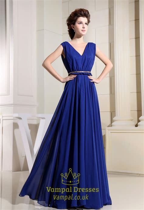 Long V Neck Royal Blue Prom Dress V Neck Chiffon Bridesmaid Dresses A