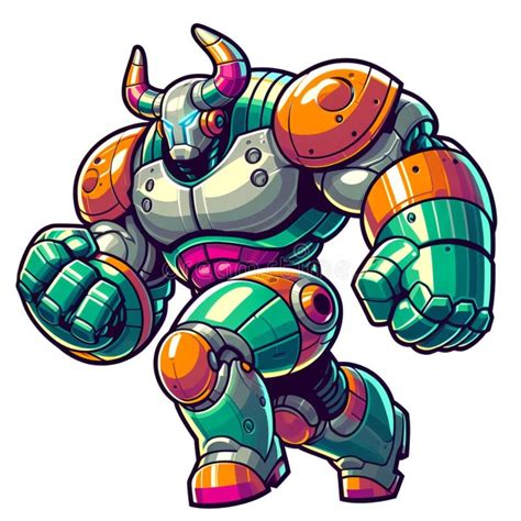 Cartoon Robot with Horns and a Muscular Body Isolated on a White ...