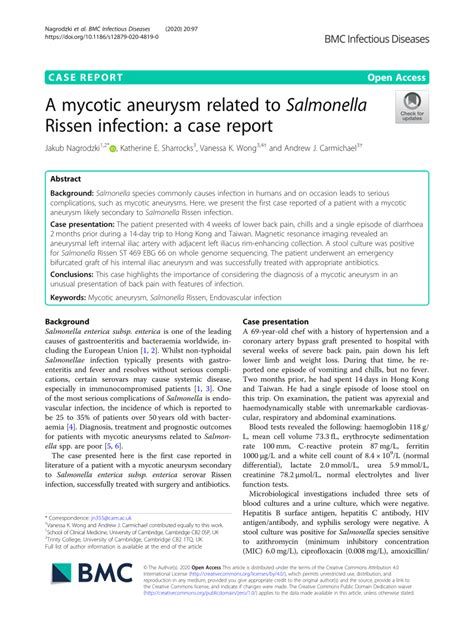 Pdf A Mycotic Aneurysm Related To Salmonella Rissen Infection A Case