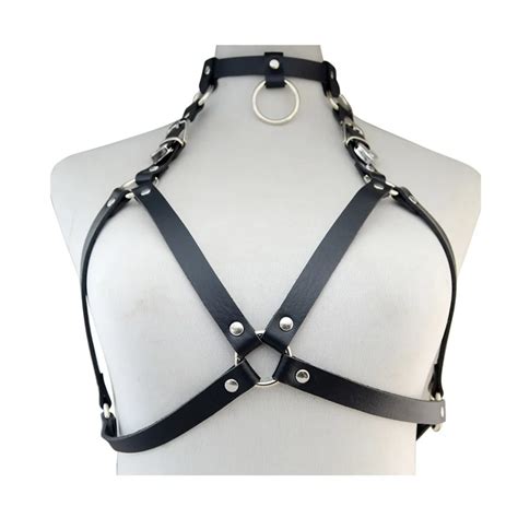 Punk Shoulder Chain Necklace Black Pu Leather Sexy Bondage Straps Bra