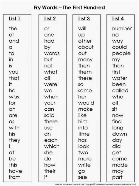 Sight Word Printable List