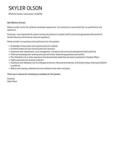 Residence Coordinator Cover Letter Velvet Jobs