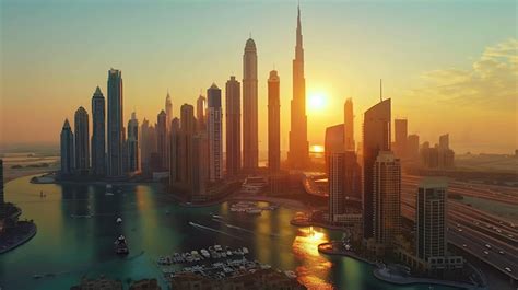 Aerial View Of Dubai Skyline At Sunset With The Burj Khalifa Towering