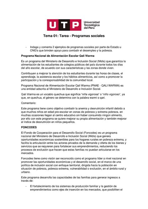 Programas Sociales Tema Tarea Programas Sociales Indaga Y