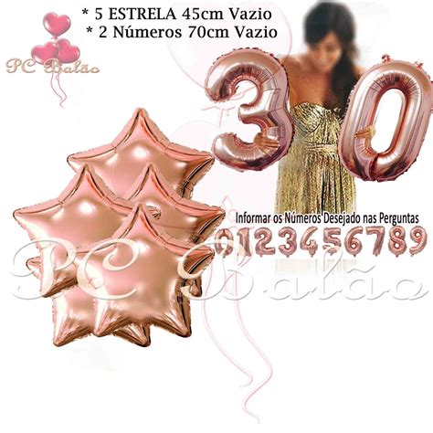 kit 7 Balão Metalizado 2 Número 70cm 5 Estrela ROSE GOLD Elo7