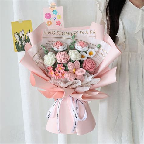 Handmade Flower DIY Bouquet Girlfriend Wool Knitted Artificial Flower ...