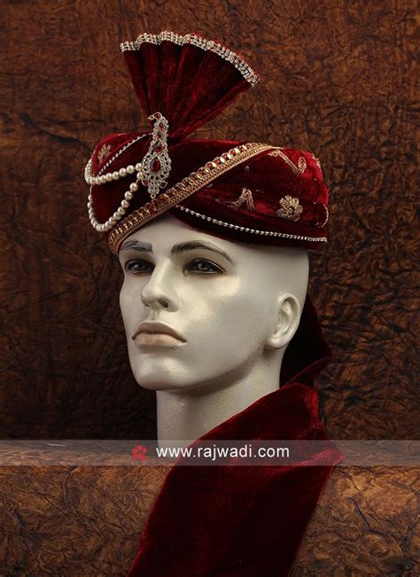 Dulha Turban For Wedding In Maroon Velvet Turban Fancy Crown Hat