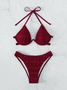 SHEIN Swim Conjunto de bikini sólido de verano con sostén de media taza con aro y cuello halter