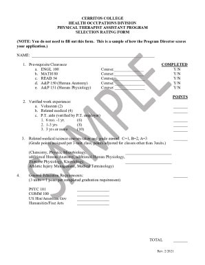 Fillable Online PTA Program Application Rating Sheet Sample Fax