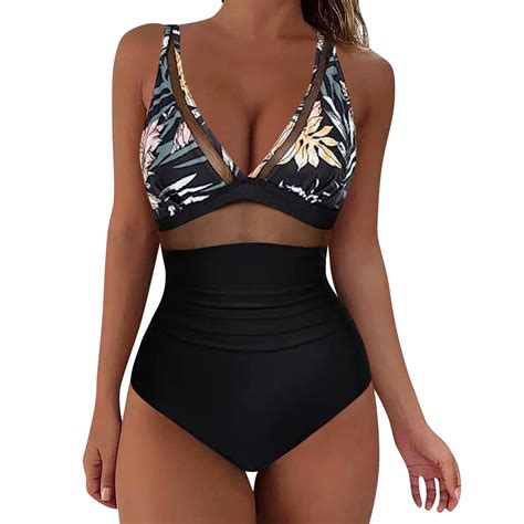 Kcodviy Women S Sexy Bikini Swimsuits Mesh Tummy Siamese Control