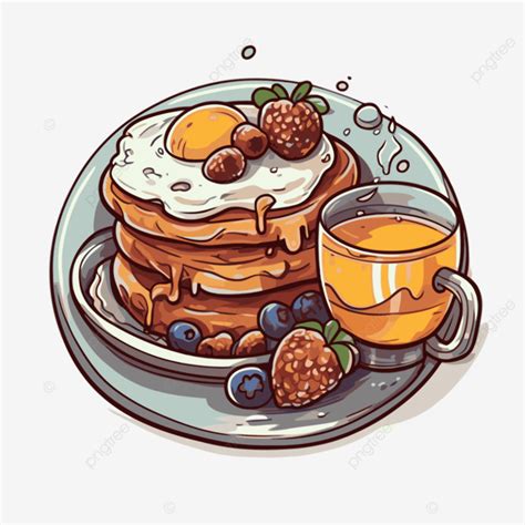 Cartoon Style Drawing Of Pancakes With Coffee Vector Brunch Sticker