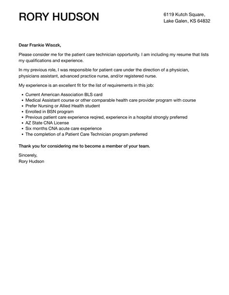 Patient Care Technician Cover Letter Velvet Jobs