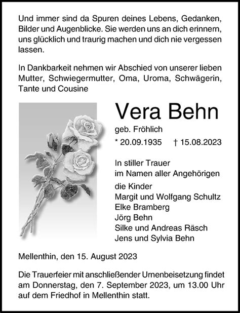 Traueranzeigen Von Vera Behn Trauer Anzeigen De