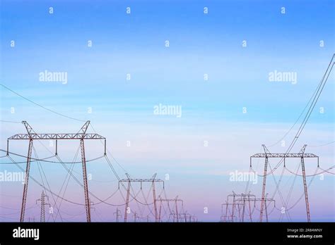 Electricity Pylons Transmission Towers With Overhead Power Lines In