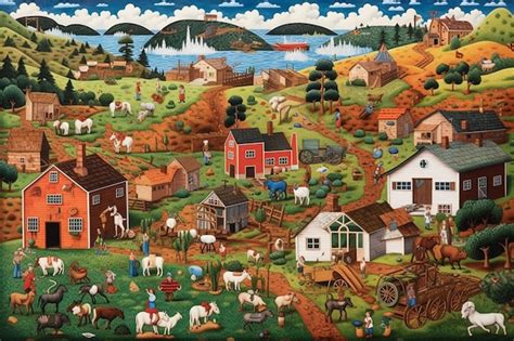 Premium AI Image | A colorful painting of a farm scene with a farm scene.