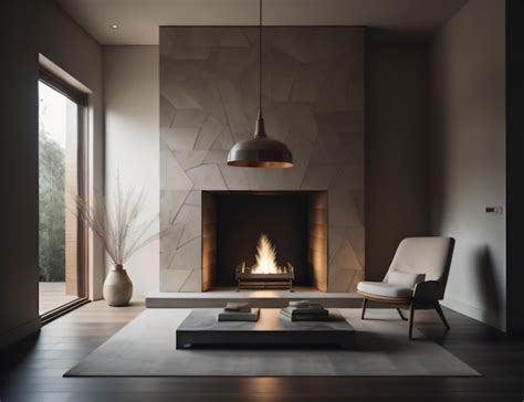 Premium AI Image | A living room with a fireplace and a large lamp ...