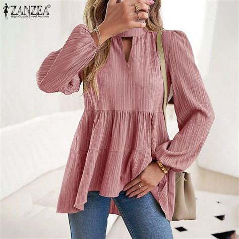 Купить ZANZEA женская однотонная свободная блузка с воротником-стойкой ...