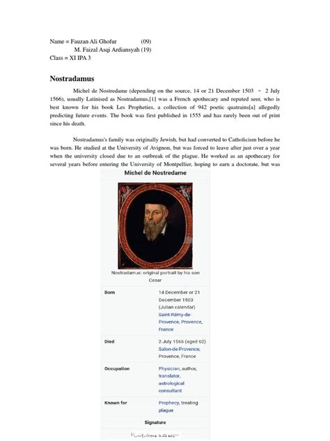 Biography of Nostradamus | PDF | Nostradamus | Prediction