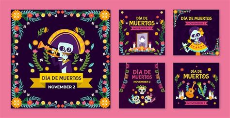 Flache Instagram Posts Sammlung Dia De Muertos Feier Kostenlose Vektor