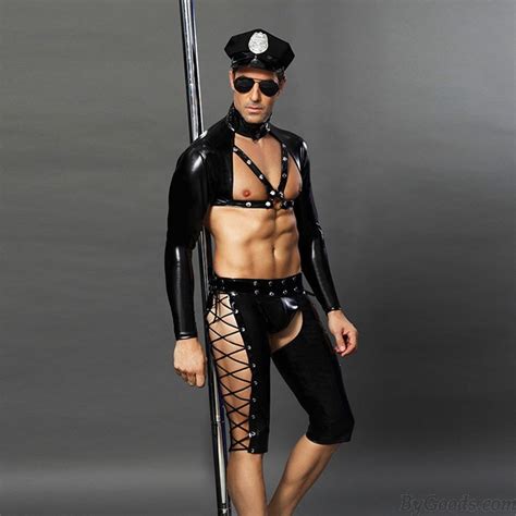 Sexy boîte de nuit noire tentation en cuir Rivet uniforme de Police Gay Bar Performance