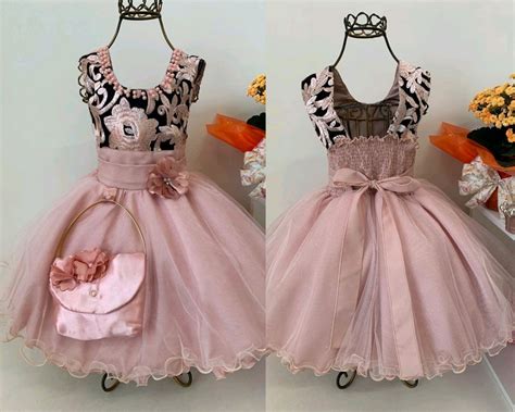 Vestido infantil festa Nude Rosê bolsinha a Elo