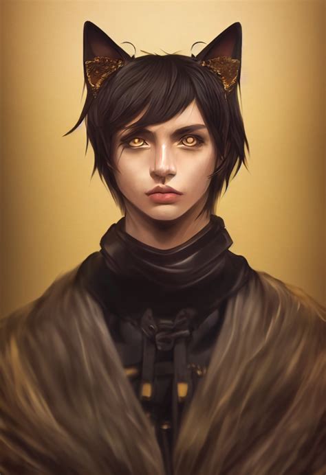 Black Haired Catboy Cat Ears Golden Eyes Tanned Midjourney