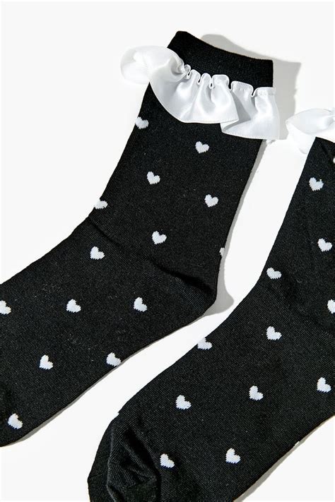 Heart Print Ruffle Trim Crew Socks