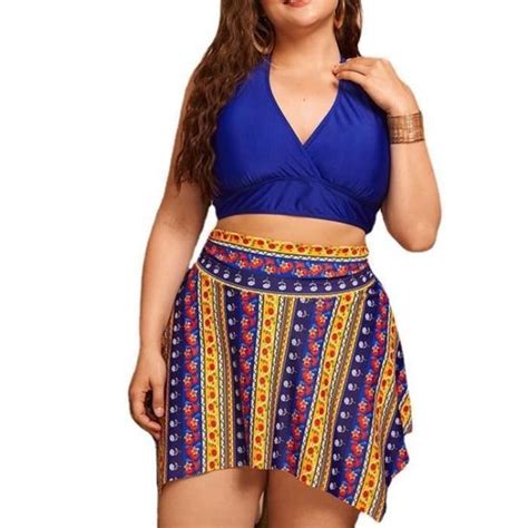 Maillot De Bain Femme 2 Pieces Tankini Grande Taille Jupette Robe Bikini Beachwear Impression