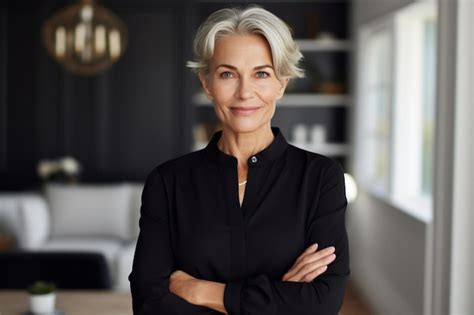 Premium Ai Image A Smiling Attractive Mature Woman Looking At The Camera Generative Ai