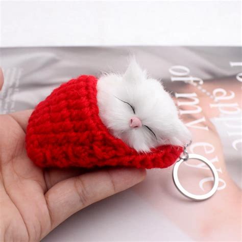 Unique Key Chain Sleeping Cat Pompom Handmade Woven Fur Kitten Key