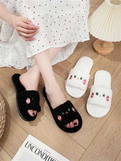 Women Cartoon Embroidery Home Slippers Preppy Fabric Bedroom Slippers Shein Usa