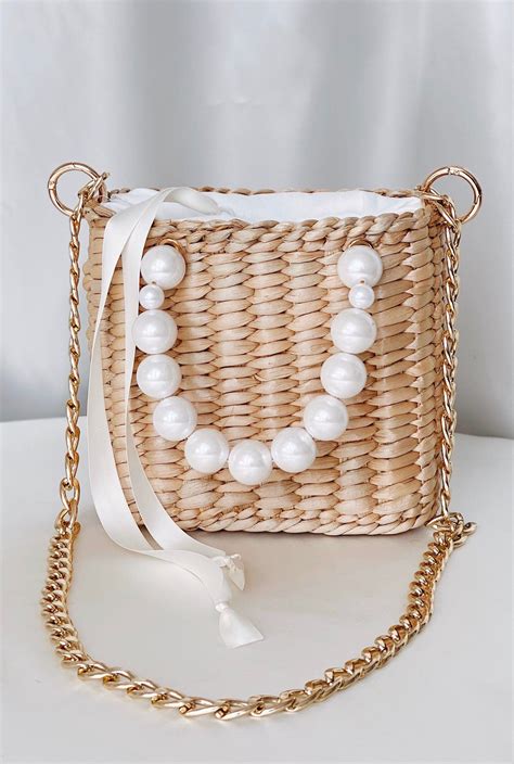 Straw Tote Bag Pearl Top Handle Beaded Pearl Summer Cross Body Women