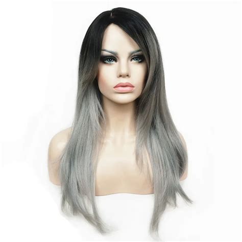 Strongbeauty Peruki Damskie Ombre Two Tone Czarny Srebrno Szary Mix