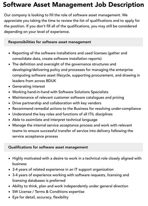 Software Asset Management Job Description Velvet Jobs