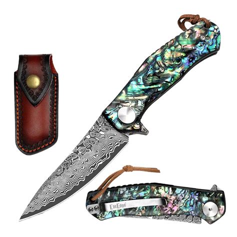 Ball Bearing Drop Point Damascus Blade Pocket Knife Abalone