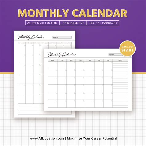 Undated Monthly Calendar Monthly Planner A Planner Inserts Planner