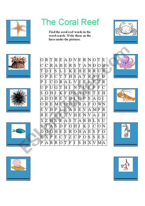 English Worksheets The Coral Reef Word Search