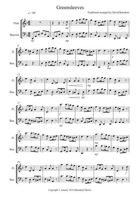 Greensleeves For Flute And Bassoon Duet Sheet Music Traditional