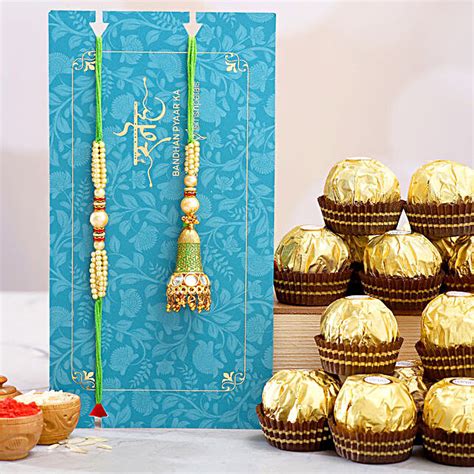 Ethnic Green Pearl And Lumba Rakhi Set With Pcs Ferrero Rocher