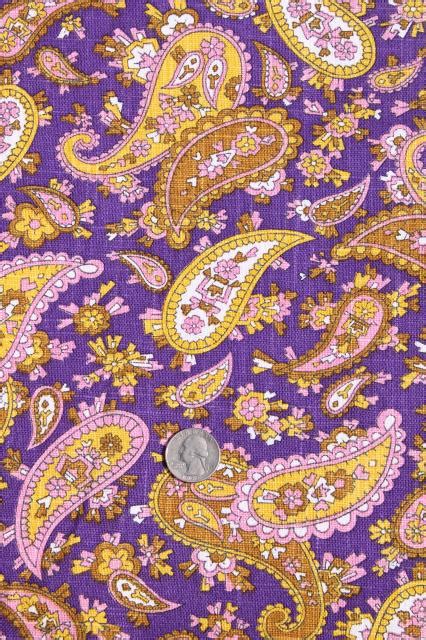 60s 70s Vintage Linen Weave Fabric Retro Paisley Print Royal Purple