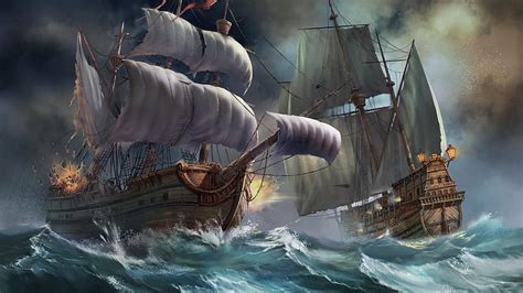 Pirate Fight Water Fight Pirate Ships Sky Ocean Hd Wallpaper