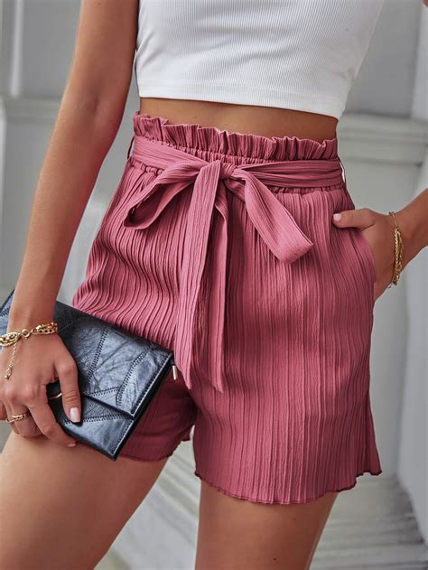 Paper Bag Waist Belted Shorts Shein Usa