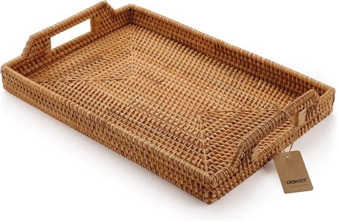 Hand Woven Rattan Rectangular Serving Tray With Handles For Breakfast