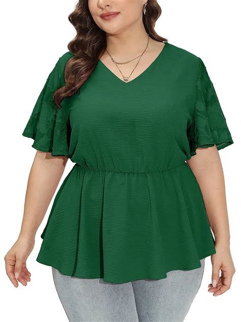 Showmall Womens Peplum Tops Plus Size Lace Short Sleeve Dressy Casual Chiffon Tunic Tops Forest